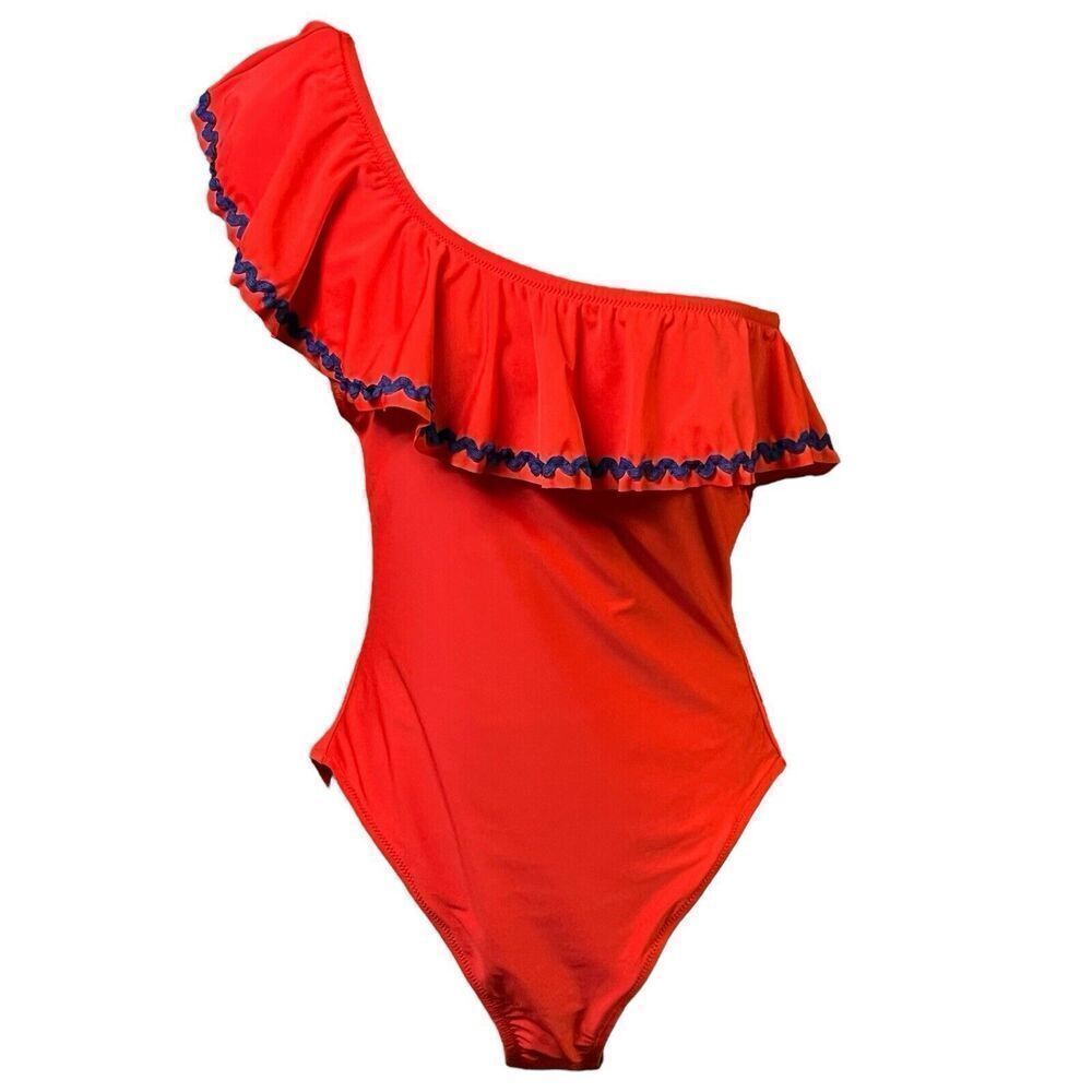 J. Crew Factory One-Shoulder Ruffle One-Piece Swimsuit in Red with Navy Trim